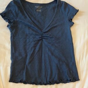 American Eagle Outfitters Dark Blue V-Neck Short Sleeve Top